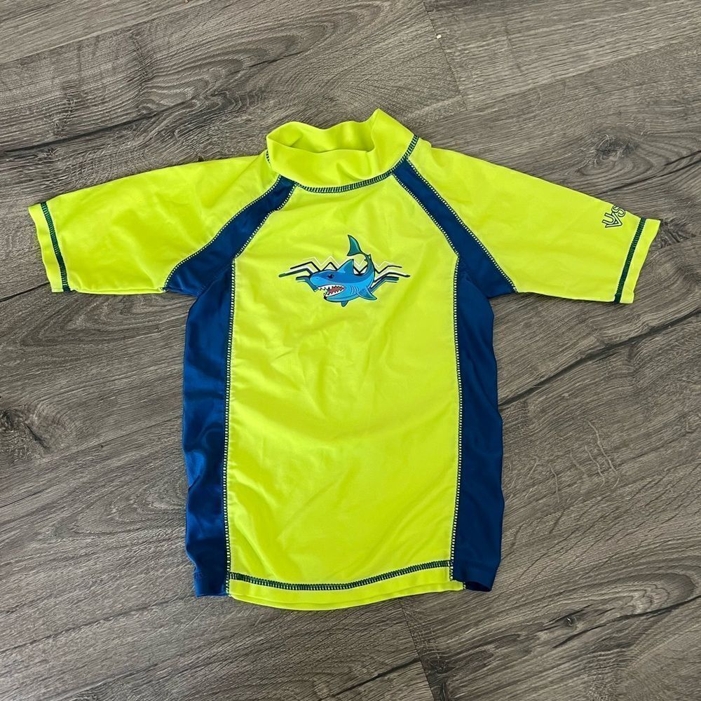 UV Skinz UPF 50+ Smiling Shark Two Tone Blue Lime Green Rash Guard Swim Top, 5